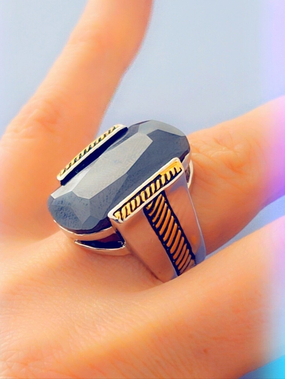 Estate Onyx 18K White Gold Filled Cocktail Ring Sz 7